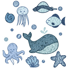 Naklejka premium Hand drawn art illustration set of cartoon underwater animals