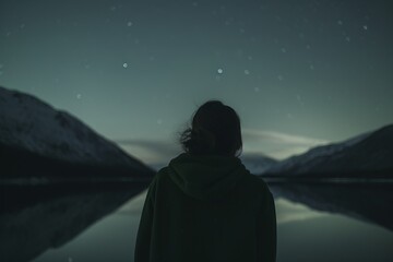 Lone woman traveler under a starry night sky, with mountains and lake in view.