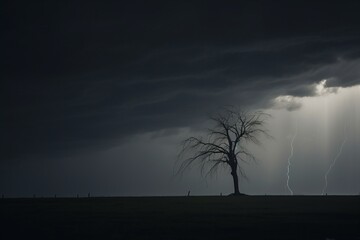 Silhouette of a tree against a stormy sky with lightning.