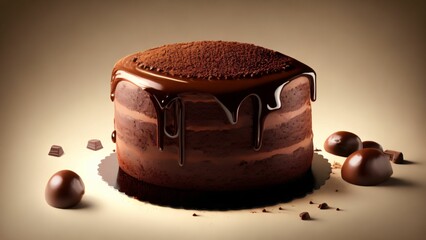 AI generated illustration of a brown chocolate sweet cake under the light.