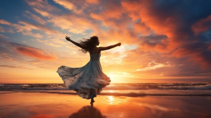 a young woman dancing on the beach against a beautiful sky
