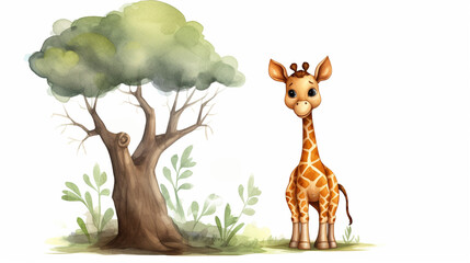 Giraffe and tree watercolor perfect for nursery art simple clipart single object