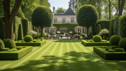 eautiful English style garden with hedges and symmetrical type design, with a large open green lawn