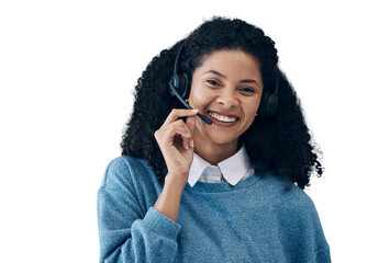 Happy woman, portrait and headphones for call center communication isolated on a transparent PNG background. Face of female person or consultant agent smile with headset for customer service support - obrazy, fototapety, plakaty