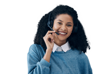Happy woman, portrait and headphones for call center communication isolated on a transparent PNG background. Face of female person or consultant agent smile with headset for customer service support