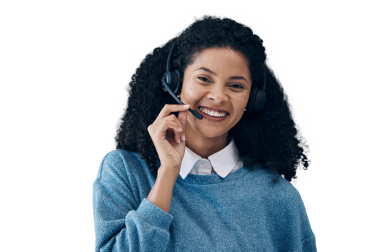 Happy woman, portrait and headphones for call center communication isolated on a transparent PNG background. Face of female person or consultant agent smile with headset for customer service support