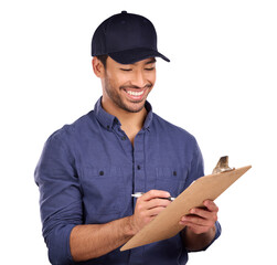 Delivery, man and clipboard writing as work shipping, logistics or information isolated on...