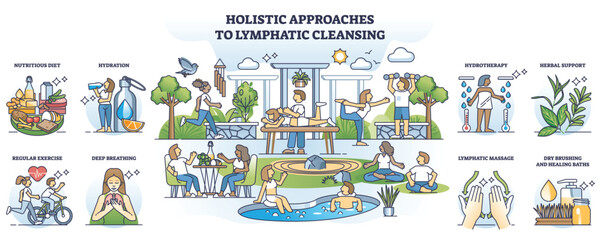 Holistic approaches to lymphatic cleansing and relaxation outline collection set. Labeled scenes with healthy lifestyle for body detox and wellness support vector illustration. SPA treatment and diet - obrazy, fototapety, plakaty