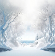 Empty nature podium with landscape surrounded by dazzling forest of trees on the seashore. Mockup for product presentation, branding, packaging, marketing, web, banner, editorial, print.