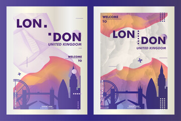 UK London city poster pack with abstract skyline, cityscape, landmark and attraction. United Kingdom, England travel vector illustration layout set for vertical brochure, website, flyer, presentation