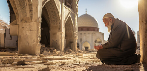 Reverent Resilience: Elderly Man's Prayer in Front of the Damaged Mosque, copy space