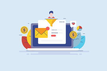 Email marketing, digital sales funnel, customer conversion, cost per lead conceptual business finance strategy, vector illustration web banner.