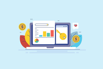 Keyword research and selection of popular search term for SEO and PPC campaign, digital marketing software display current keyword search volume data, 
Vector illustration banner.