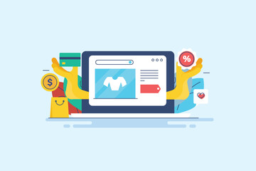 Ecommerce site, discount coupon for online purchase, offer promotion, shopping from laptop, internet business concept, vector illustration.