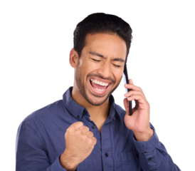 Business man, phone call and yes, celebration or excited for news, announcement and winning or opportunity. Asian worker on mobile for results, bonus or success isolated on transparent png background