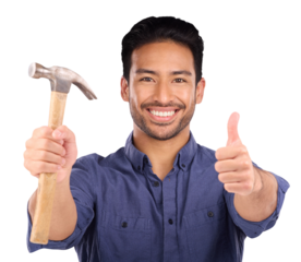 Thumbs up, hammer and portrait of happy asian man on isolated, transparent or png background. Face, smile and Japanese handyman with hand emoji for repair, maintenance or DIY renovation motivation