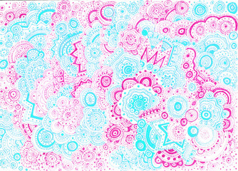 Blue and pink patterns on a white background. Completely filled. Abstraction. Thin lines, dots, circles, zigzags, wavy lines and other decor. Wrapping paper, banner, background, cover, texture. Cute.