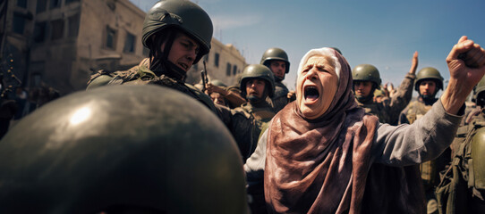Dramatic Visual: Woman Wearing a Hijab Protests Against Military Presence, Highlighting the Israeli-Palestine Conflict