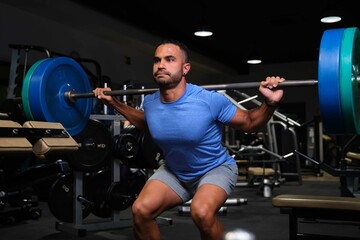 Fototapeta na wymiar Strong Hispanic man training squat weightlifting at a gym.