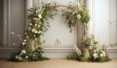 Fototapeta na wymiar Wedding backdrop aesthetic flower decoration indoor interior decorated studio background