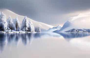 Panoramic nature podium image (landscape/wallpaper) with snowy trees, sky, deer and lake. Calm and elegant winter atmosphere. image for product presentation, branding, packaging, marketing, web.