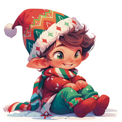 Christmas elf character Isolated on a transparent background. Smiling elf. Happy elves make toys for children  - obrazy, fototapety, plakaty