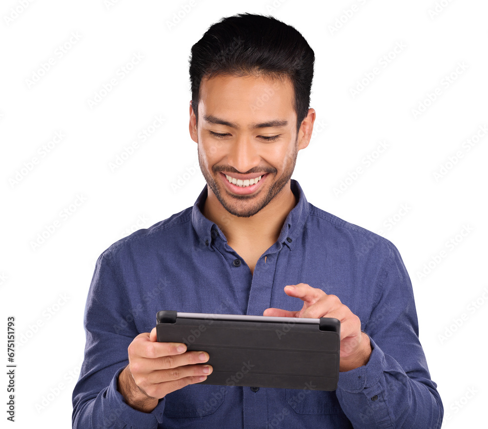 Poster business man, tablet and typing for online research, stock market investment or trading software. as