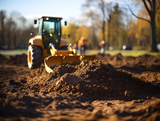 A powerful yellow digger excavates soil at a construction site, symbolizing progress in industry.
