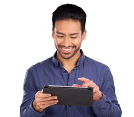 Business man, tablet and typing for online research, stock market investment or trading software. Asian trader reading information or data on digital technology isolated on transparent png background