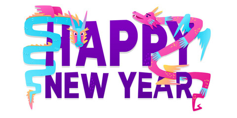 Banner design template for 2024. Year of the Dragon. Bright design with year of the dragon decor. Cartoon and cute dragons. Vector.