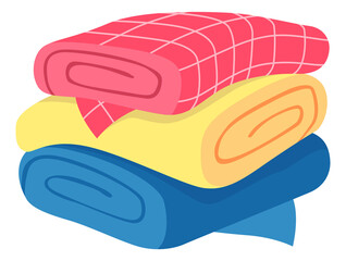 Colorful kitchen towels stack. Cartoon textile pile