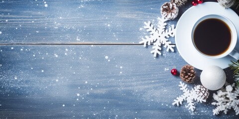 cup of coffee on wooden table. Christmas and Happy New Year background