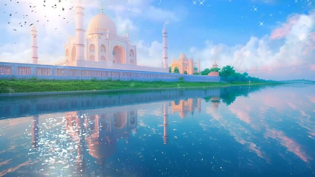 Islamic animation of beautiful mosque building in Japanese anime watercolor painting illustration style. seamless looping video animated background