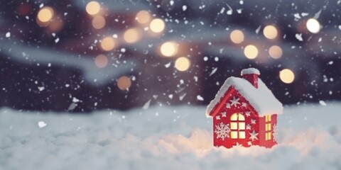 small red house in the snow against the backdrop of bright blurry bokeh lights. Christmas and Happy New Year background