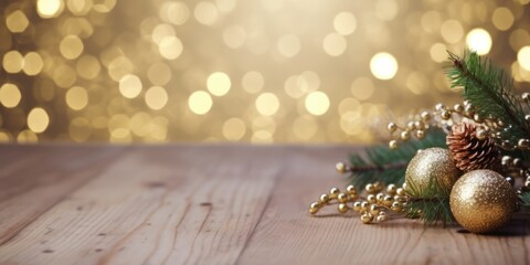 Winter backdrop wooden table of bright blurry bokeh lights. Christmas and Happy New Year background