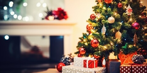 Festive Winter backdrop Christmas tree. Christmas and Happy New Year background