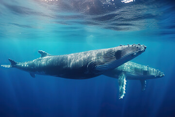 Obraz premium Oceanic Ballet: Humpback Whales Swimming Underwater