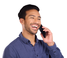 Happy asian man, phone call and laughing for funny joke or conversation isolated on a transparent PNG background. Male person smile, laugh and talking on mobile smartphone in humor for fun discussion