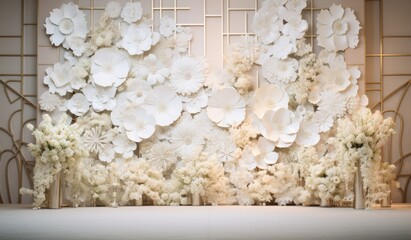 Wedding backdrop white aesthetic flower decoration indoor interior decorated background