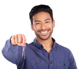 House keys, real estate agent and portrait of a man, smile and property manager isolated on a transparent background. Face, person and model with png, happy or confidence with homeowner or investment