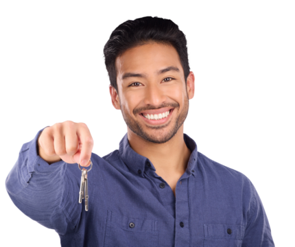 House keys, real estate agent and portrait of a man, smile and property manager isolated on a transparent background. Face, person and model with png, happy or confidence with homeowner or investment