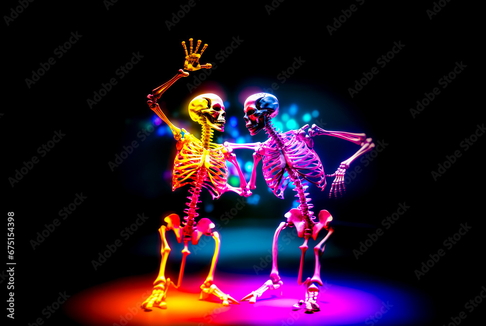 Wall mural couple of skeleton dancing on stage with their arms in the air.