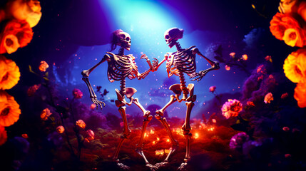 Two skeletons dancing in field of flowers with bright light behind them.