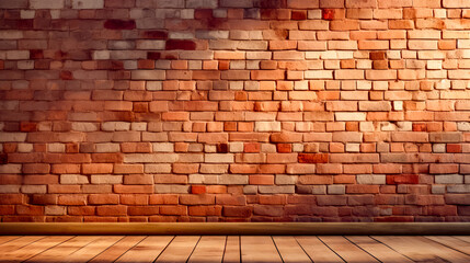Brick wall with wooden floor and lamp on top of it.