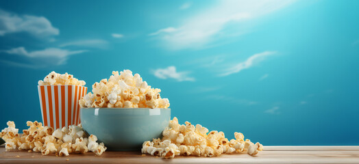 Cinematic suspense: caramel popcorn setting the scene for a movie premiere. - obrazy, fototapety, plakaty
