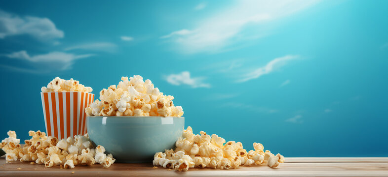 Cinematic suspense: caramel popcorn setting the scene for a movie premiere.
