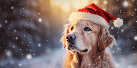 Cute golden retriever dog in a Christmas red Santa Claus hat on the background of a winter forest