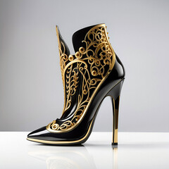 woman footwear, futuristic high heel black shoe with golden decorations, generative ai illustration