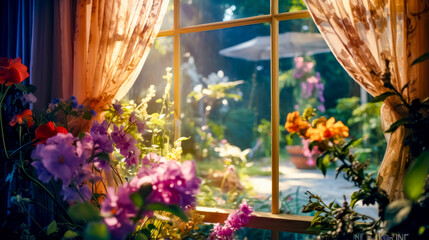 Fototapeta na wymiar Window with view of garden and table with umbrella.