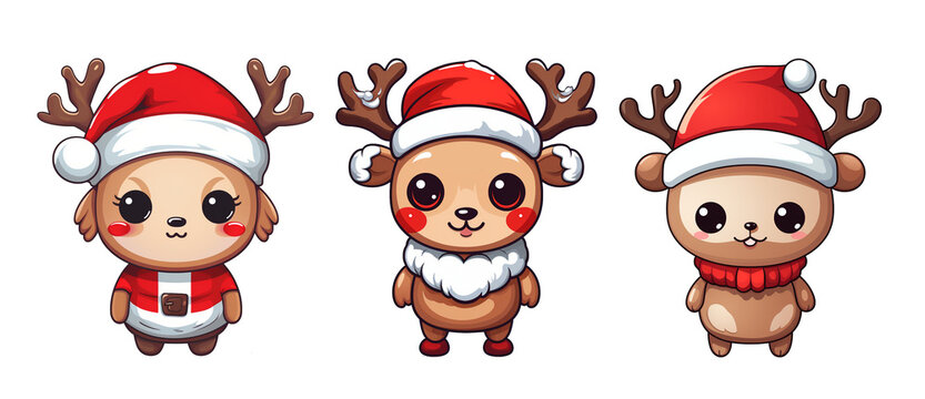 stickers in the form of New Year's Rudolphs on a transparent background